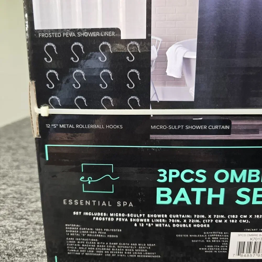Essential Spa 3 Piece Ombre Bath Set Blue Shower Curtain White Liner Silver Hook